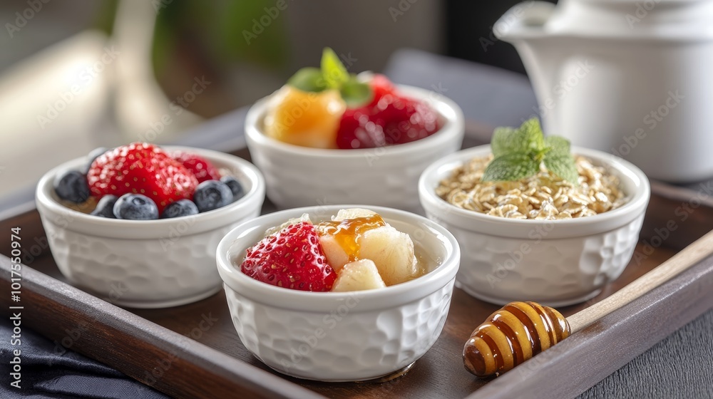 Oatmeal with fresh fruits and honey in small bowls on tray Oatmeal with fresh fruits and honey in small bowls on tray