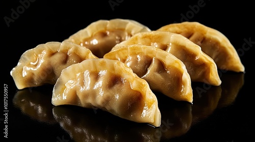 Gyoza Japanese Dumpling: Gyoza dumplings isolated on a black background, highlighting their culinary appeal and detail.