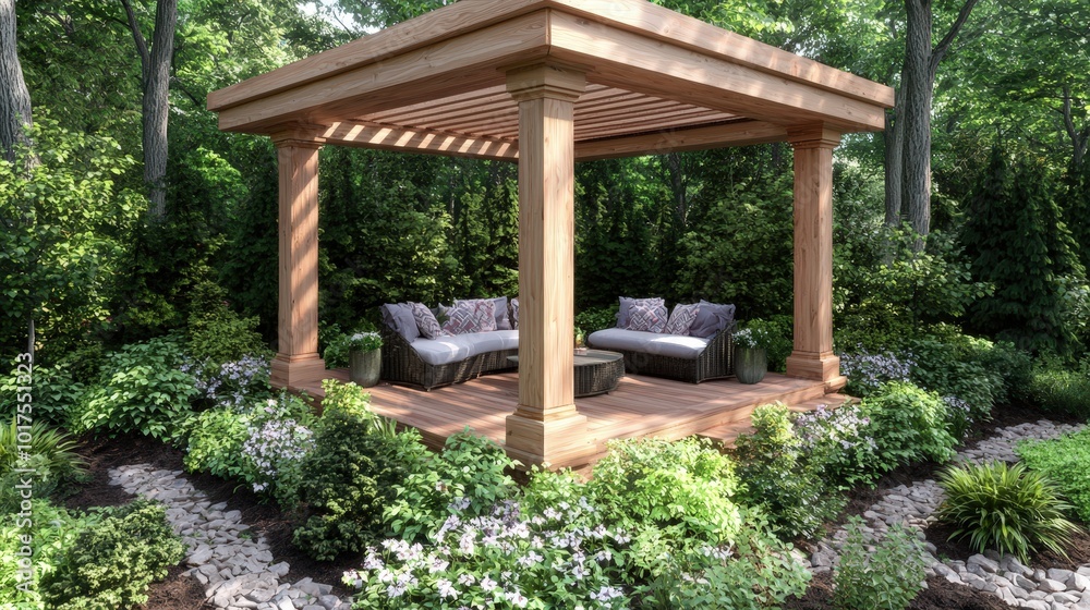 Modern Wooden Pergola Patio with Comfortable Seating and Lush Greenery Modern Wooden Pergola Patio with Comfortable Seating and Lush Greenery