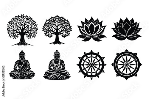 "World Religion Day Vector: Buddhism Symbols - Dharma Wheel, Buddha Statue, Lotus, Bodhi Tree"