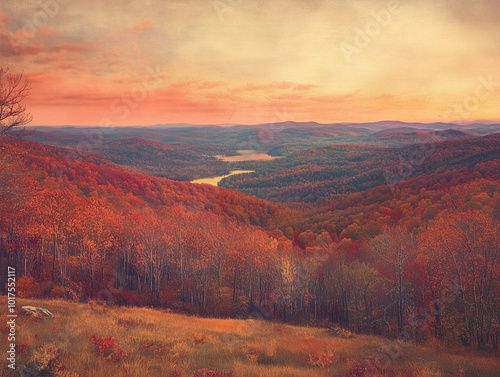 Photographie ancienne montrant un paysage forestier vallonné au crépuscule, forêt et montagne à l'automne photo