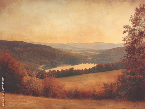 Photographie ancienne montrant un paysage forestier vallonné au crépuscule, forêt et montagne à l'automne