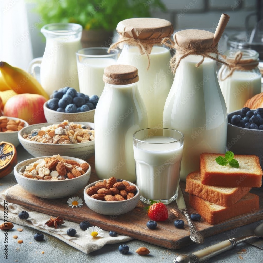 Table Display of Fresh Dairy Milk Products, Perfect for Breakfast or Meal Preparation Table Display of Fresh Dairy Milk Products, Perfect for Breakfast or Meal Preparation