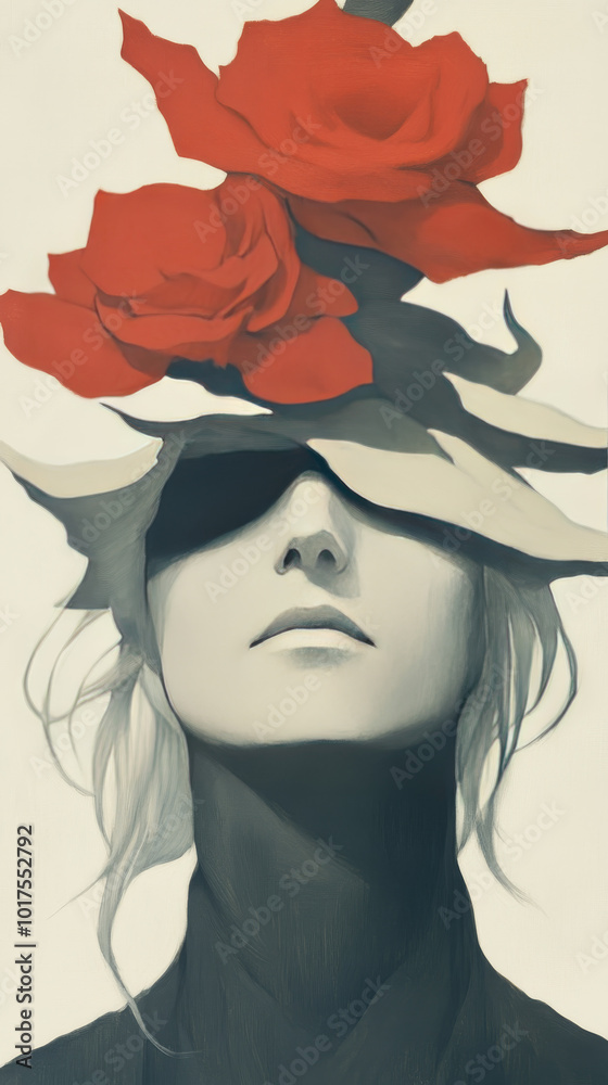 A woman with blonde hair is partially obscured by two red roses. A woman with blonde hair is partially obscured by two red roses.