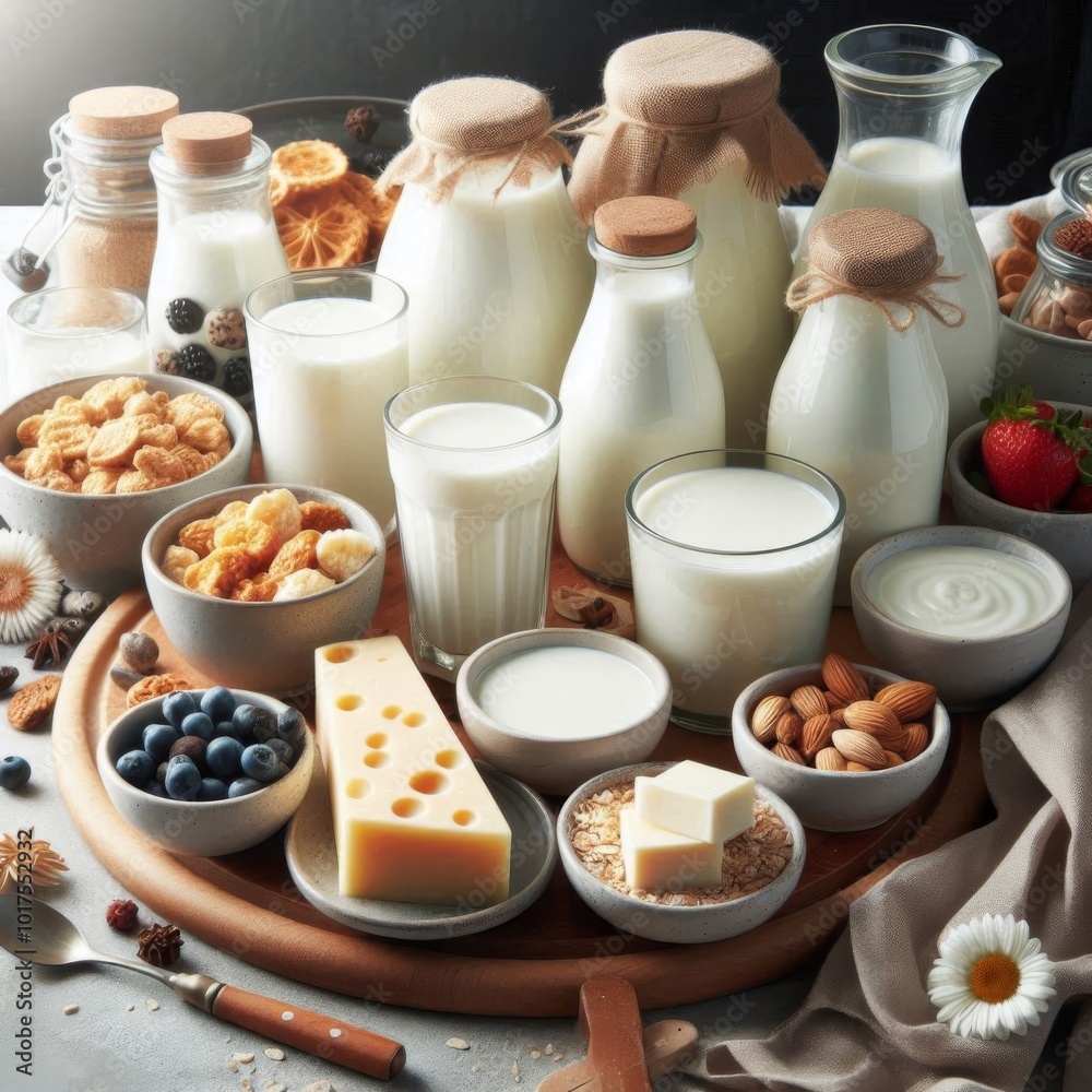 Table Display of Fresh Dairy Milk Products, Perfect for Breakfast or Meal Preparation Table Display of Fresh Dairy Milk Products, Perfect for Breakfast or Meal Preparation