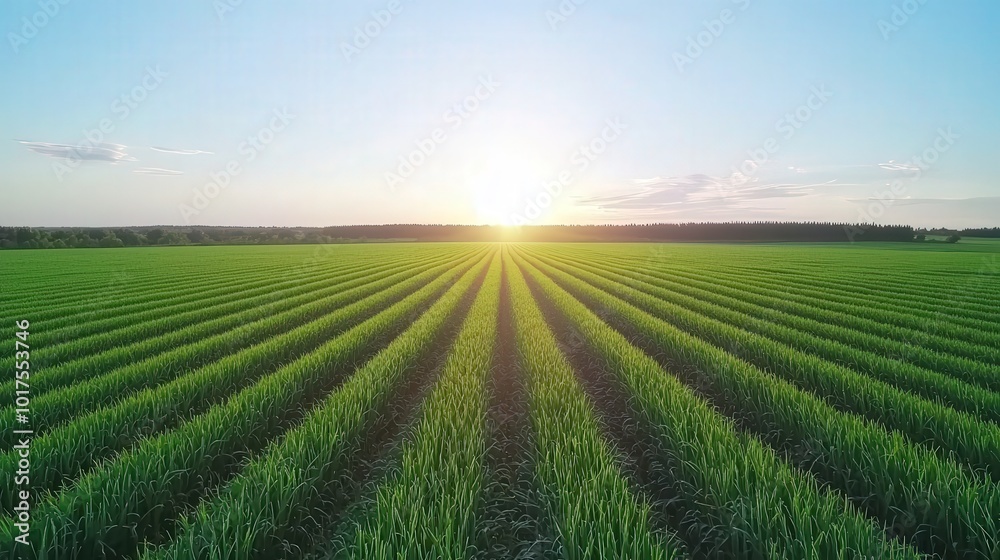 Aerial View of Green Field at Sunset with Sun Rays Aerial View of Green Field at Sunset with Sun Rays