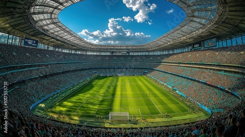 A soccer stadium, seen from above, full of fans, most of them dressed in green.