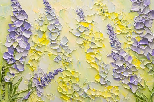 A vibrant oil painting featuring delicate purple and yellow flowers, capturing the beauty of nature with a bold and textured style.