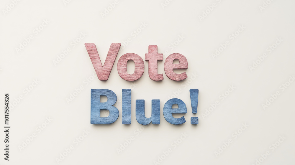 Wooden letters spell out the phrase 'Vote Blue!' on a white background. Wooden letters spell out the phrase 'Vote Blue!' on a white background.
