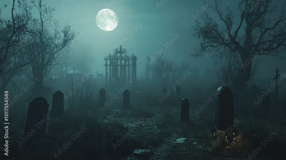 A graveyard with a large moon in the sky A graveyard with a large moon in the sky