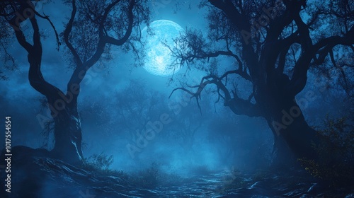 A moonlit forest with two trees and a large moon in the sky