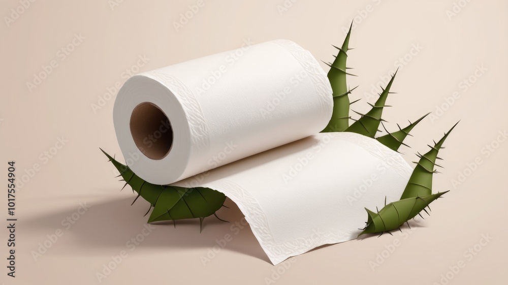 Fototapeta premium Toilet Paper Roll Adorned with Thorns Symbolizing Hemorrhoids Treatment