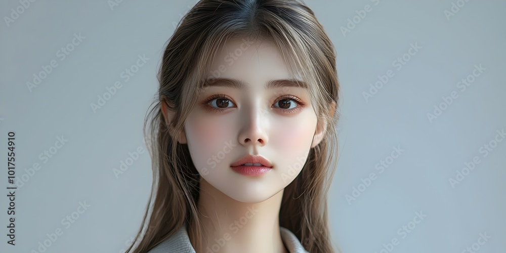 A young woman with long, dark hair stares directly at the camera with a neutral expression. Her skin is flawless and she has minimal makeup on. A young woman with long, dark hair stares directly at the camera with a neutral expression. Her skin is flawless and she has minimal makeup on.
