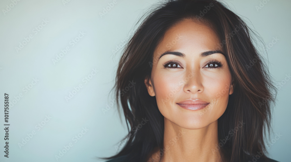 Smiling woman with long, dark hair against a light blue background. Smiling woman with long, dark hair against a light blue background.