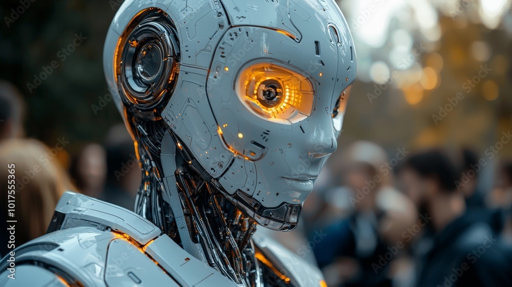 A futuristic robot with glowing eyes amidst a crowd, showcasing advanced technology. A futuristic robot with glowing eyes amidst a crowd, showcasing advanced technology.