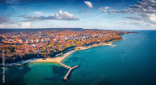 Panoramic morning view of Varna port. Splendid autumn seascape of Black sea, east coast of Bulgaria, Europe. Traveling concept background.