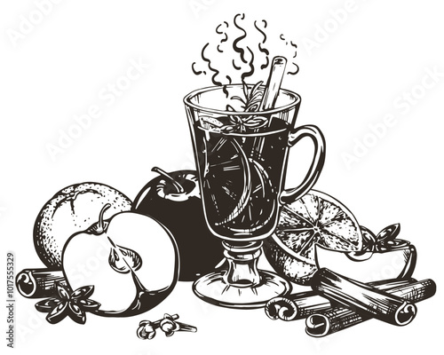 Mulled wine with cinnamon stick, star anise. Glass with warm wine, apples and oranges. Hand drawn vector illustration. Engraved style of winter alcoholic warming drink with spices. Drawing for menu.