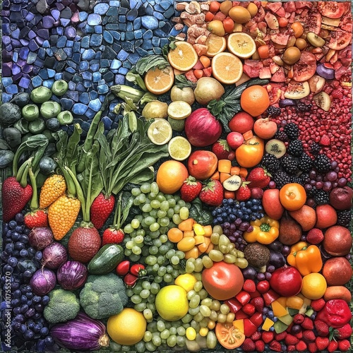 Vivid mosaic of fresh fruits and vegetables creating a rainbow spectrum