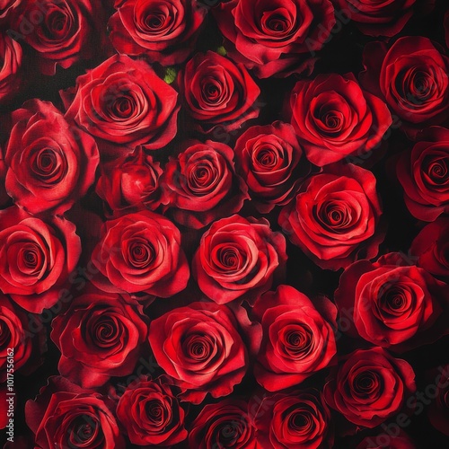 pattern of large live red roses, closely clustered together, occupying the entire area of the photograph, with no leaves and no text. 