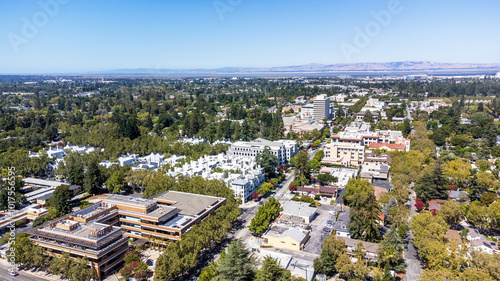 Aerial panoramic view of downtown Mountain View, California, along Castro Street, looking toward San Francisco Bay