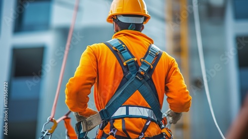 Construction worker wearing safety harness and safety line working at high place working at height equipment fall arrestor device for worker with hooks for safety body harness