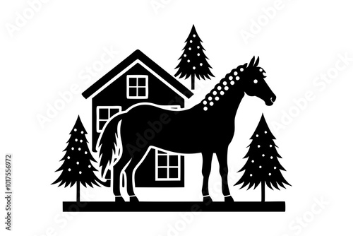 christmas cottage farm horse silhouette 