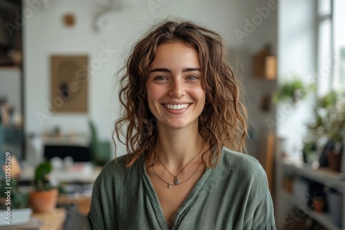 Happy female designer standing in office, Generative AI