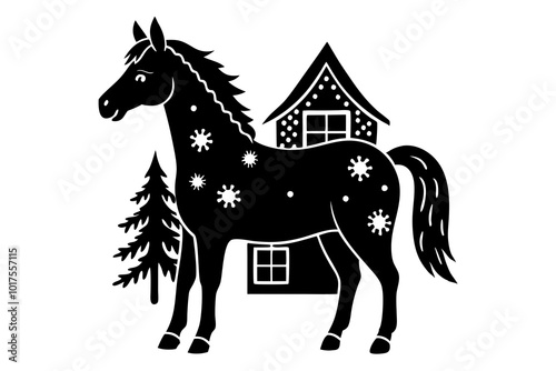 christmas cottage farm horse silhouette 