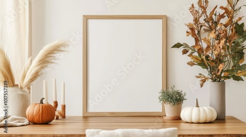 Stylish composition of cozy dining room intrerior with mock up poster frame wooden family dining table plants and vintage personal accessories copy space template autumn vibes photo