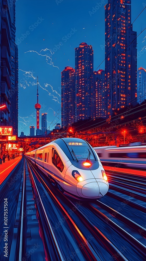 Fototapeta premium A high-speed train speeds through a city at night, illuminated by streetlights and the glow of buildings.