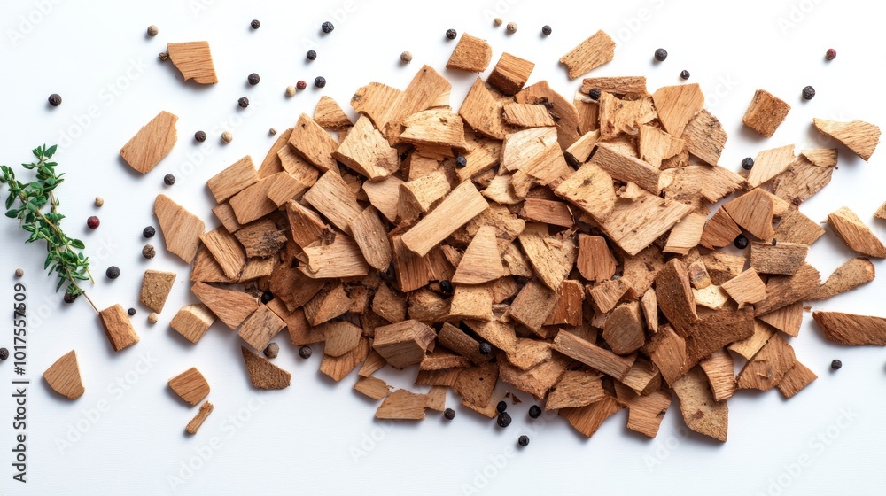 Chips for smoking meat and fish isolated on white background piles of wood chips with thyme and pepper top view Chips for smoking meat and fish isolated on white background piles of wood chips with thyme and pepper top view