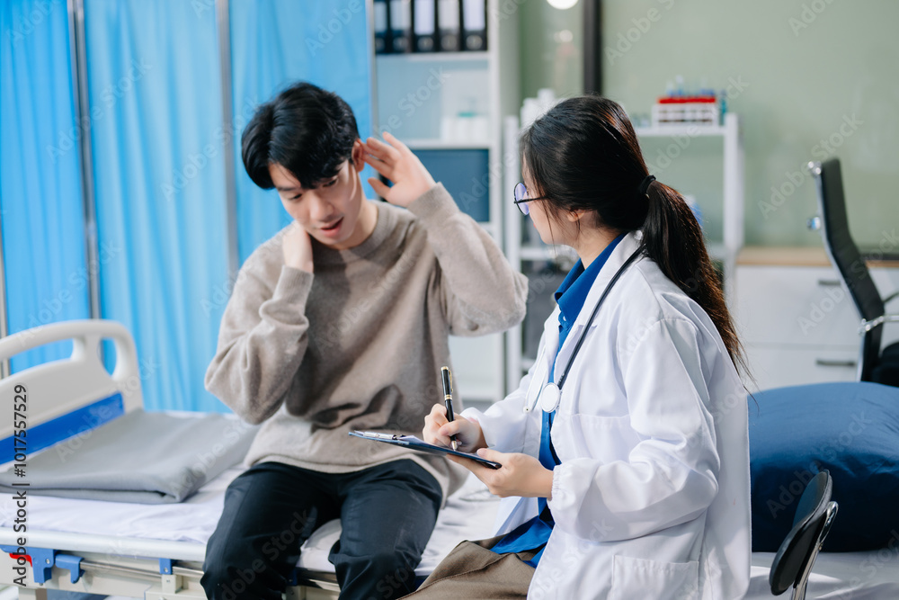 Doctor examining patient with symptoms in a clinic. Medical consultation and healthcare interaction. Doctor examining patient with symptoms in a clinic. Medical consultation and healthcare interaction.