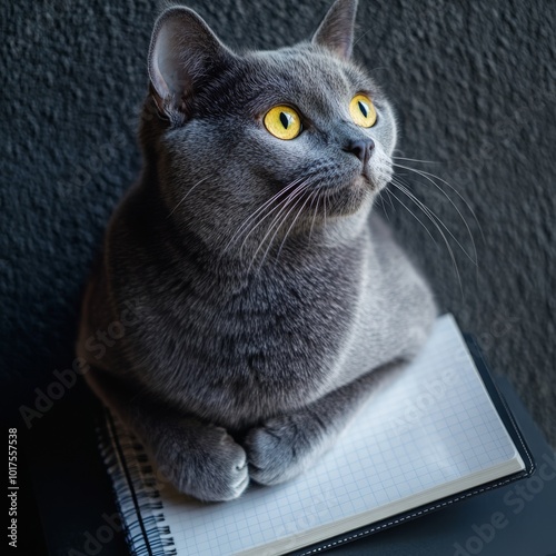 Close up portrait of a russian blue cat sits on keayboard of notebook in home interior on gray background photo