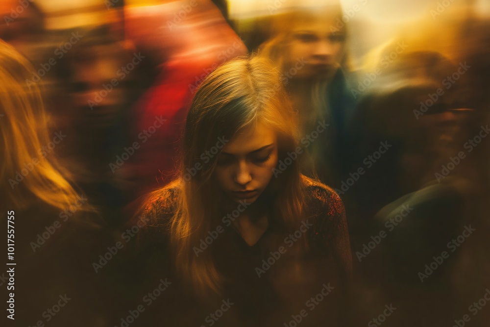 Teenage girl lost in the crowd, motion blur of conceptual image of a lonely girl for being fatherless and lonely Teenage girl lost in the crowd, motion blur of conceptual image of a lonely girl for being fatherless and lonely