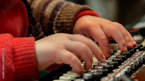 Empowering Connection CloseUp of Child Learning Braille Typing with Guiding Hands photo