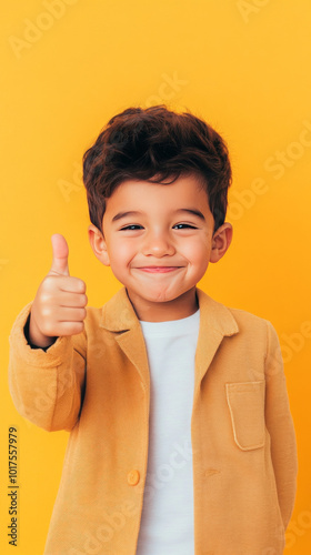 A young boy gives a thumbs up while smiling against a bright yellow background.