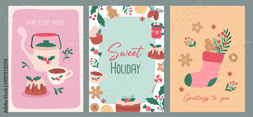 Collection of Winter Christmas sweets, tea and food portrait layout vector illustration