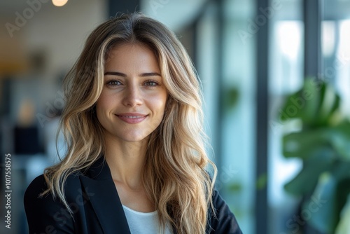 Smilling businesswoman standing at the office,looking at the camera, Generative AI