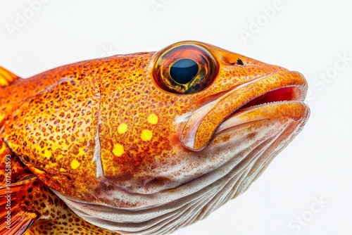 Mystic portrait of Scamp Grouper in studio, copy space on right side, Close-up View, isolated on white background