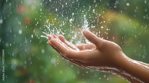 Hands with splashes of falling rain