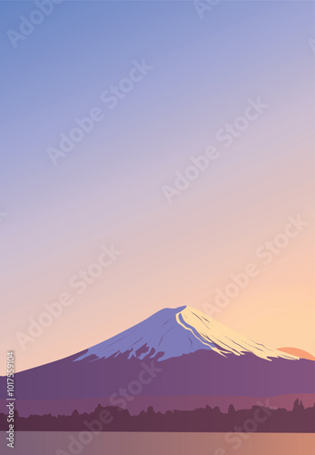 Panoramic evening view of mount Fuji. Landscape with a mountain peak in Japan. Famous landmark Wallpaper. Banner design with a natural landscape. Greeting card template. Sky, sun, water surface.