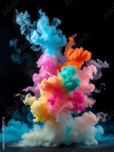 Abstract display of multi-colored powder and smoke erupting and overflowing against a dark backdrop creating an ethereal and dreamy atmosphere Smoke Explosion Backdrop