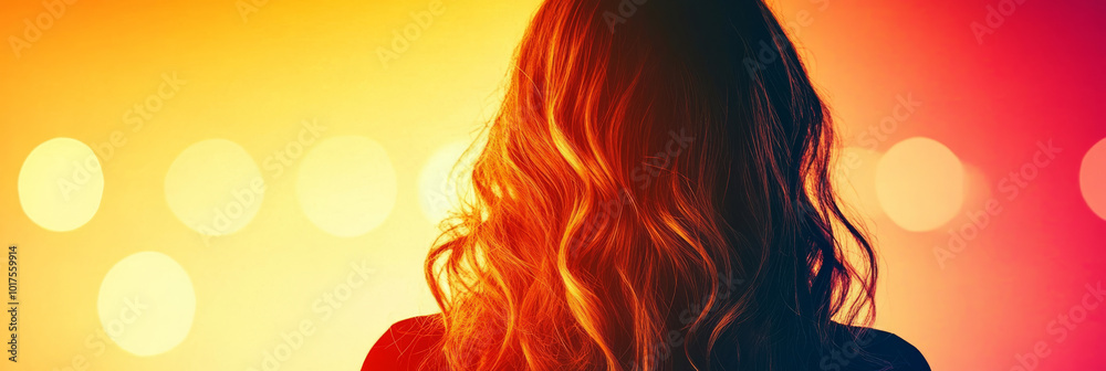 Silhouette of a woman with long, flowing red hair against a warm, colorful background. Silhouette of a woman with long, flowing red hair against a warm, colorful background.