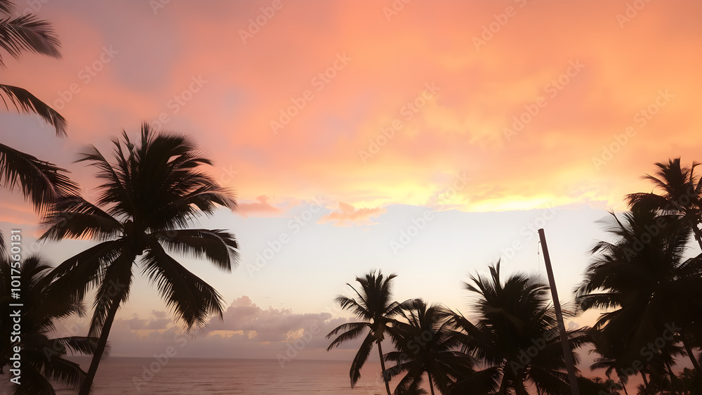 A tropical sunset sky with orange and pink hues reflecting off the ocean, with palm trees silhouetted in the foreground swaying gently in the breeze
A tropical sunset sky with orange and pink hues reflecting off the ocean, with palm trees silhouetted in the foreground swaying gently in the breeze