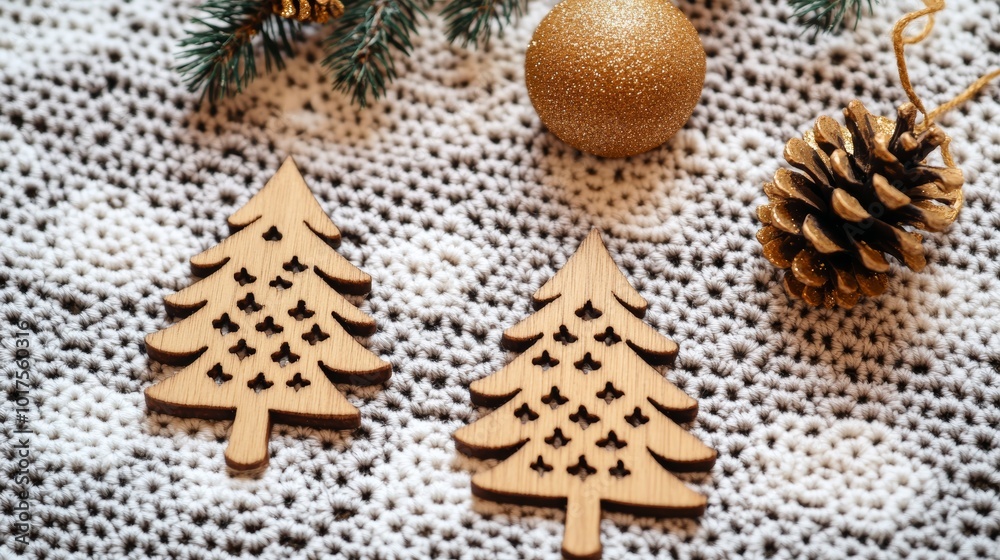 Fototapeta premium Christmas postcard with wooden decorations on a crochet background