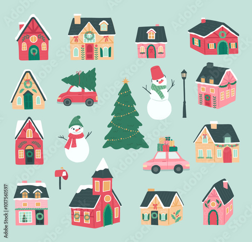 Collection of Winter Christmas house and village vector illustrations