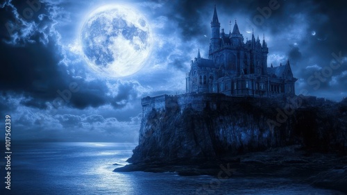 Abandoned castle on a cliff, haunted by ethereal spirits, glowing full moon, otherworldly presence, supernatural night photo