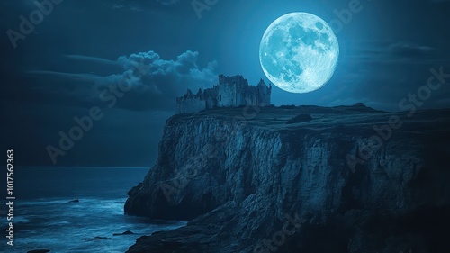 Abandoned castle on a cliff, haunted by ethereal spirits, glowing full moon, otherworldly presence, supernatural night photo