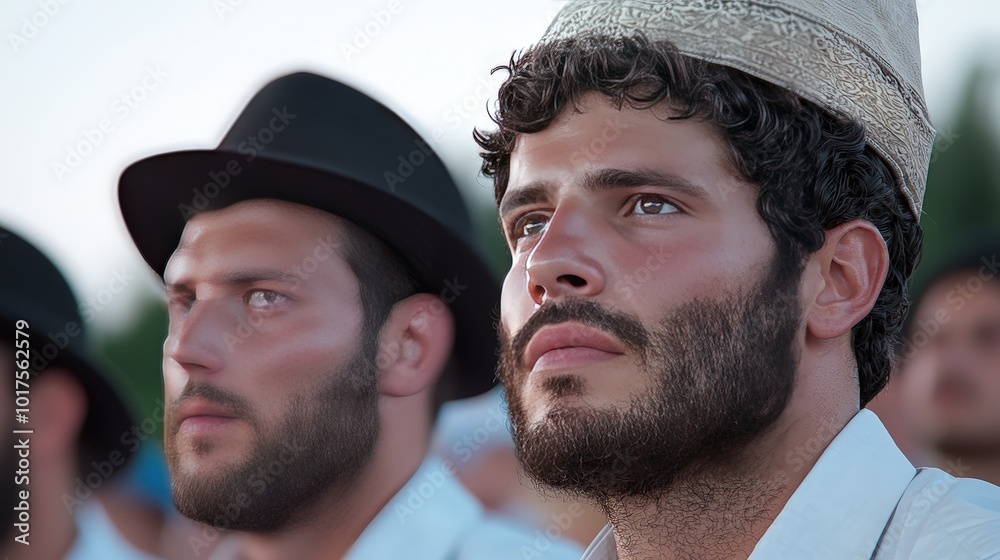 Close up Portrait of Two Men with Beards Wearing Hats   Jewish Tradition  Religious Gather