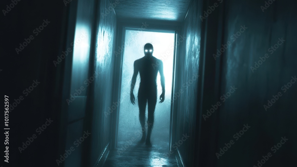 Supernatural figure emerging from a mirror in a dark room, shadowy atmosphere, glowing eyes, mystical aura Supernatural figure emerging from a mirror in a dark room, shadowy atmosphere, glowing eyes, mystical aura